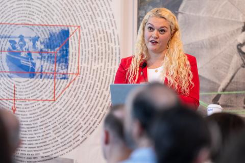 Dean Kokobobo addresses the audience at the State of the College