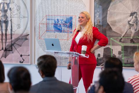 Dean Kokobobo addresses the audience at the State of the College