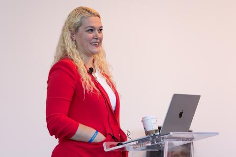 Dean Kokobobo addresses the audience at the State of the College