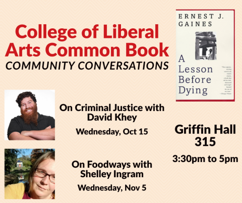 flyer which includes portraits of Dr. Khey and Dr. Ingram as well as the photo of the cover of A Lesson Before Dying